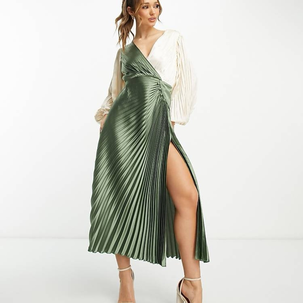 ASOS Green Pleated Wrap Dress with Bishop Sleeves
